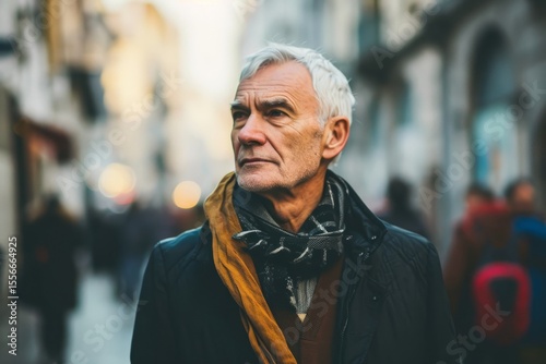 Portrait of an elderly man with gray hair in the city.