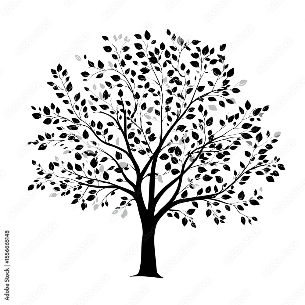 Obraz premium Black vector tree with green leaves, minimalist design on transparent PNG background, clip art