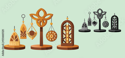 Decorative jewelry stands with unique earring designs presented in a flat minimalist style on a light green background