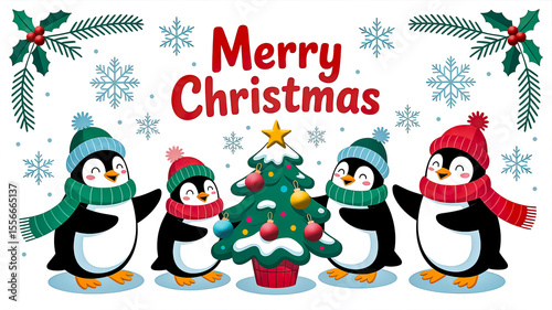 Cute cartoon penguins in winter hats and scarves celebrate Christmas around a decorated tree with snowflakes and holly, Christmas card