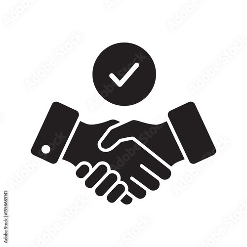 Successful deal solid glyph icon with handshake and check mark for business agreement and partnership contract approval and cooperation vector