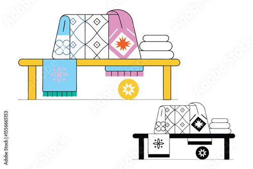 Decorative spa table with clean towels and abstract floral designs in flat minimalist vector style