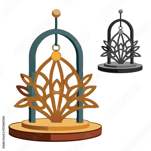 Decorative ornamental gold art deco style sculpture in warm tones next to an analogous grayscale illustration