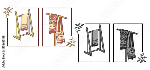 Decorative textile scarves displayed on wooden racks framed inside rectangles presented with ornamental foliage in the corners.
