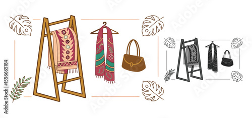 Elegant accessory collection with scarves, handbags, and decorative elements with hand drawn style