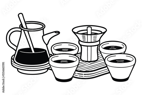 Elegant black and white illustration of coffee beverages and equipment arranged on a wooden platter displaying coffee culture