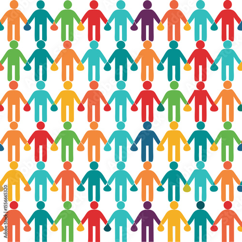 Vector silhouette of a pattern of repeated human icons (diversity concept) with white background.