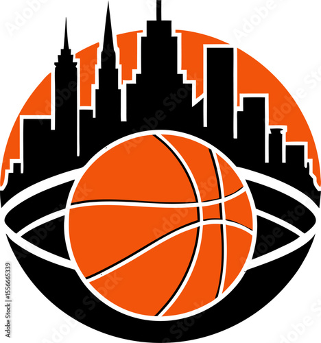 Vector silhouette of a basketball combined with skyline for urban sports with white background.