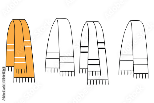 Hand drawn illustration of various warm scarves in orange and black line art for winter and autumn fashion designs
