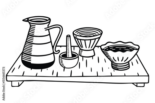Hand drawn line art illustration of serving essentials with various kitchenware on a wooden surface.