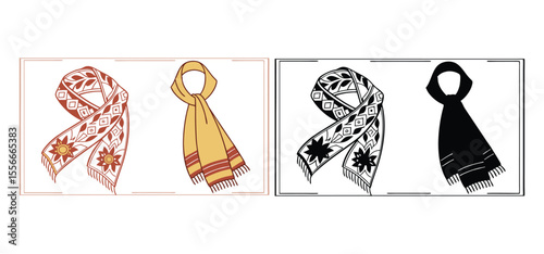 Hand-drawn set of fashionable winter scarves, various patterns and styles, suitable for textile design or apparel projects.