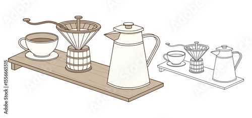 Illustrated scene depicting coffee brewing equipment including a manual grinder and a thermal carafe