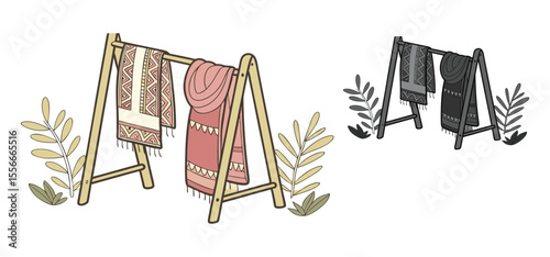 Illustration of decorated textile blankets draped over a wooden rack alongside plant leaves in a minimalist artistic style