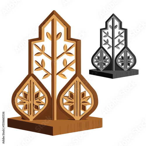 Decorative architectural elements in two different color palettes depicting foliage designs and ornate cutout star patterns on a white background