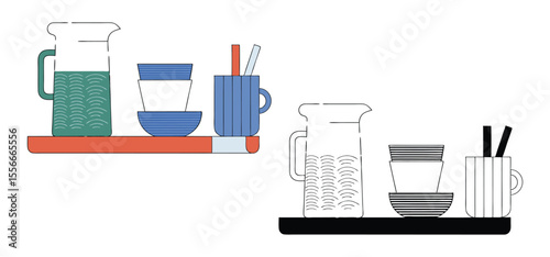 Minimalist kitchen utensil arrangement displaying cups bowls glasses and straws on a shelf depicting dining or decor elements