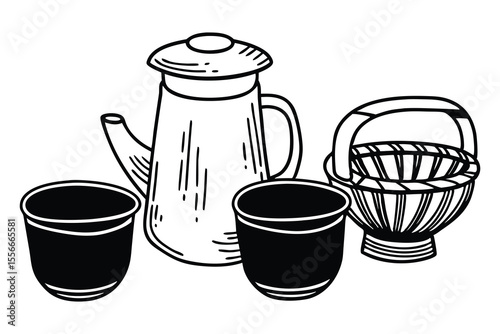 Simple black and white illustration of a tea pot, two cups and a woven basket, perfect for various designs.