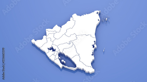 Nicaragua Map with State Borders on Blue Background. 3D Render.