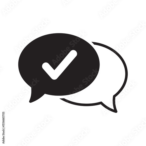 Confirmed message solid glyph icon with speech bubble and check mark for approval and positive communication symbol for forum feedback vector