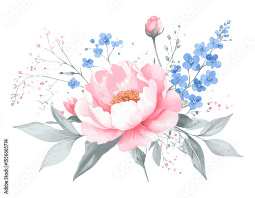 Elegant Watercolor Peony and Forget-Me-Nots Floral Bouquet Illustration, watercolor flowers, vector watercolor flowers, Beautiful vintage flower, Watercolor flower collection