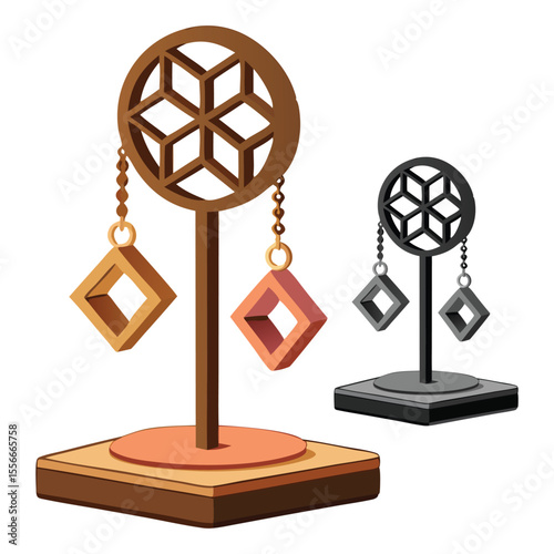 Two stylish decorative displays for earrings showcase geometric shapes and modern design against a bright white background