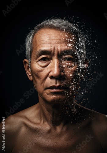 Conceptual Digital Portrait of Elderly Asian Man with Pixel Disintegration Symbolizing Identity Loss, Memory Decline, Hormonal Health Challenges, Mental Well-Being & Digital Adaptation