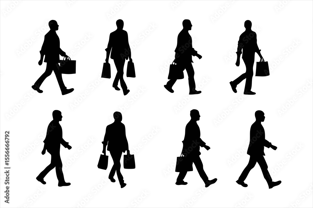 Fototapeta premium Men Walking with Shopping Bags Silhouettes - Consumer and Retail Vector Set