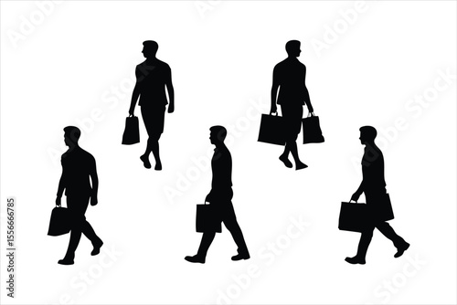 Men Walking with Shopping Bags Silhouettes - Consumer and Retail Vector Set