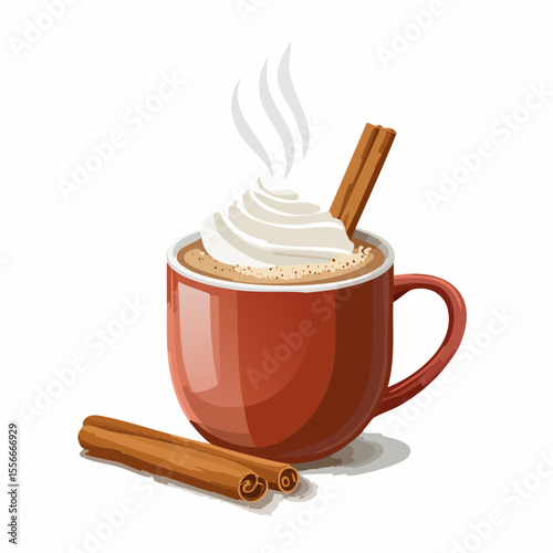 A steaming mug of cocoa with whipped cream and cinnamon stick
