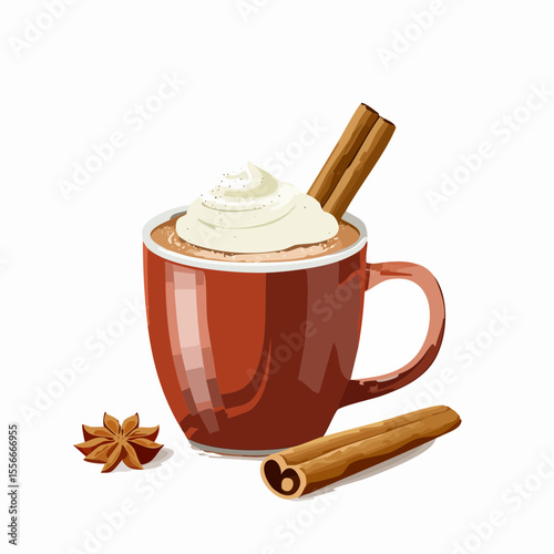 A steaming mug of cocoa with whipped cream and cinnamon stick
