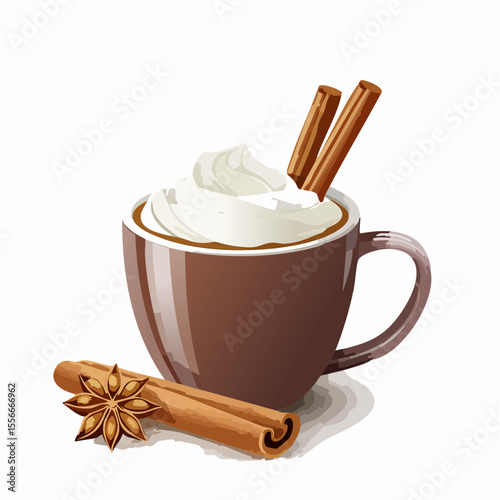 A steaming mug of cocoa with whipped cream and cinnamon stick
