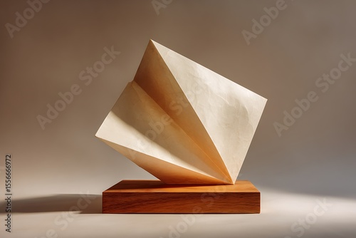 A minimalist beige folded sculpture made from recycled paper rests on a smooth wooden base. Its geometric form casts subtle shadows that shift depending on the angle of the ambient light