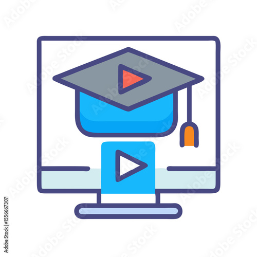 Online education vector illustration of a mortarboard and play button on computer screen