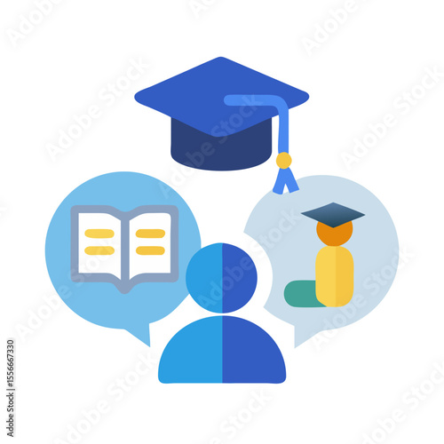 Abstract education concept with graduation cap, student and book inside speech bubbles against black backdrop