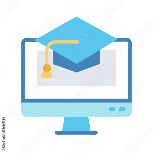 Online Education: Graduation Cap on Computer Screen Illustrating Virtual Learning