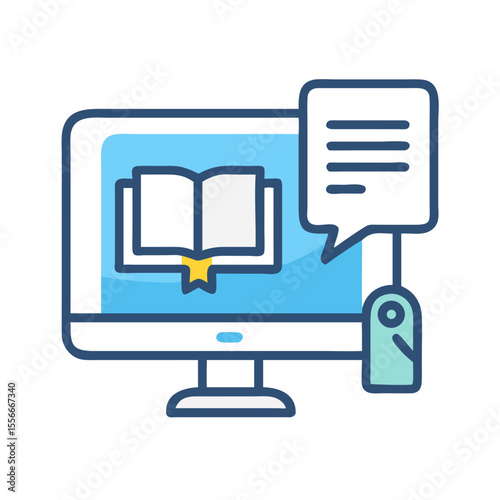 Online Learning Concept Featuring Computer Monitor, Book and Speech Bubble Icon