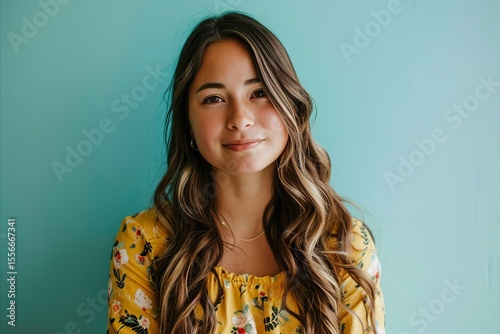 Portrait of a beautiful girl with long hair on a blue background
