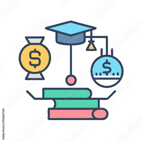 Education investment graphic with money and graduation cap on a stack of books.