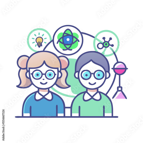 Illustration of two students exploring science concepts and experiments in a stylized flat vector