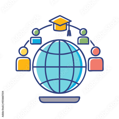 Global Education Network Icon with Graduation Cap and Diverse People Around the World
