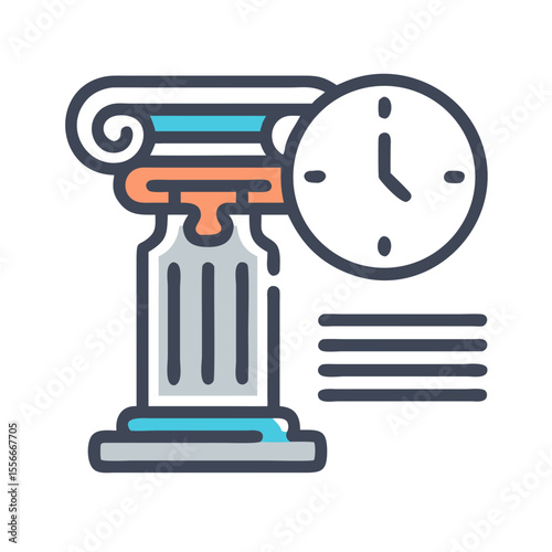 Conceptual art featuring time and history symbol with architectural column, clock and text lines
