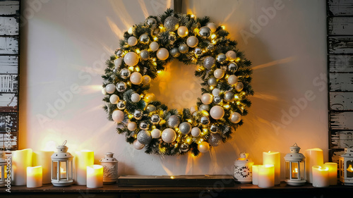 A large circular Christmas wreath glows warmly with silver white baubles metallic tinsel and white lanterns holding candles below it