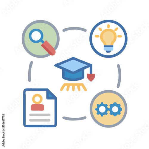 Education and Learning Process Illustration Depicting Research, Idea Generation, Application, and Implementation