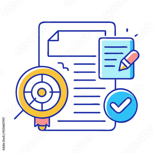 Vector Illustration of Goal Setting, Contract Completion and Project Approval on Black Background