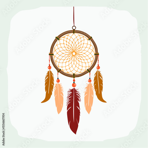 A hanging dreamcatcher with feathers and beads

