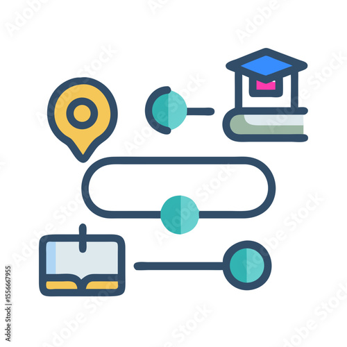 Education path infographic icons showing a learning journey to graduation on black background