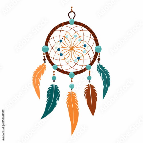 A hanging dreamcatcher with feathers and beads
