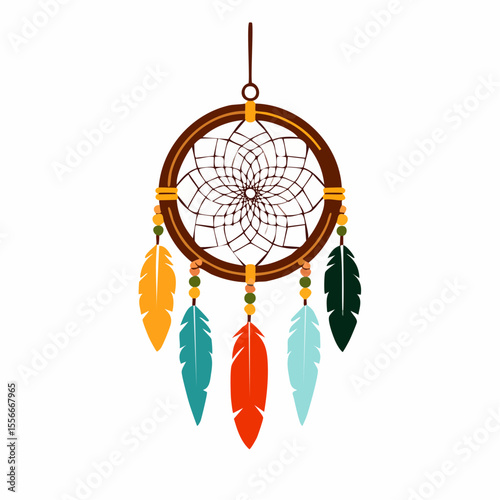 A hanging dreamcatcher with feathers and beads
