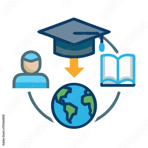 Global education network concept with graduation cap, book, globe and learner icon