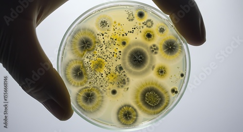 Petri dish with fungal colonies held by a hand, showcasing diverse growth patterns