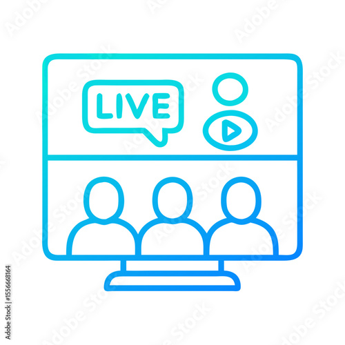 Live Webinar Icon Illustration Showing Audience on Screen in Blue Line Art Style